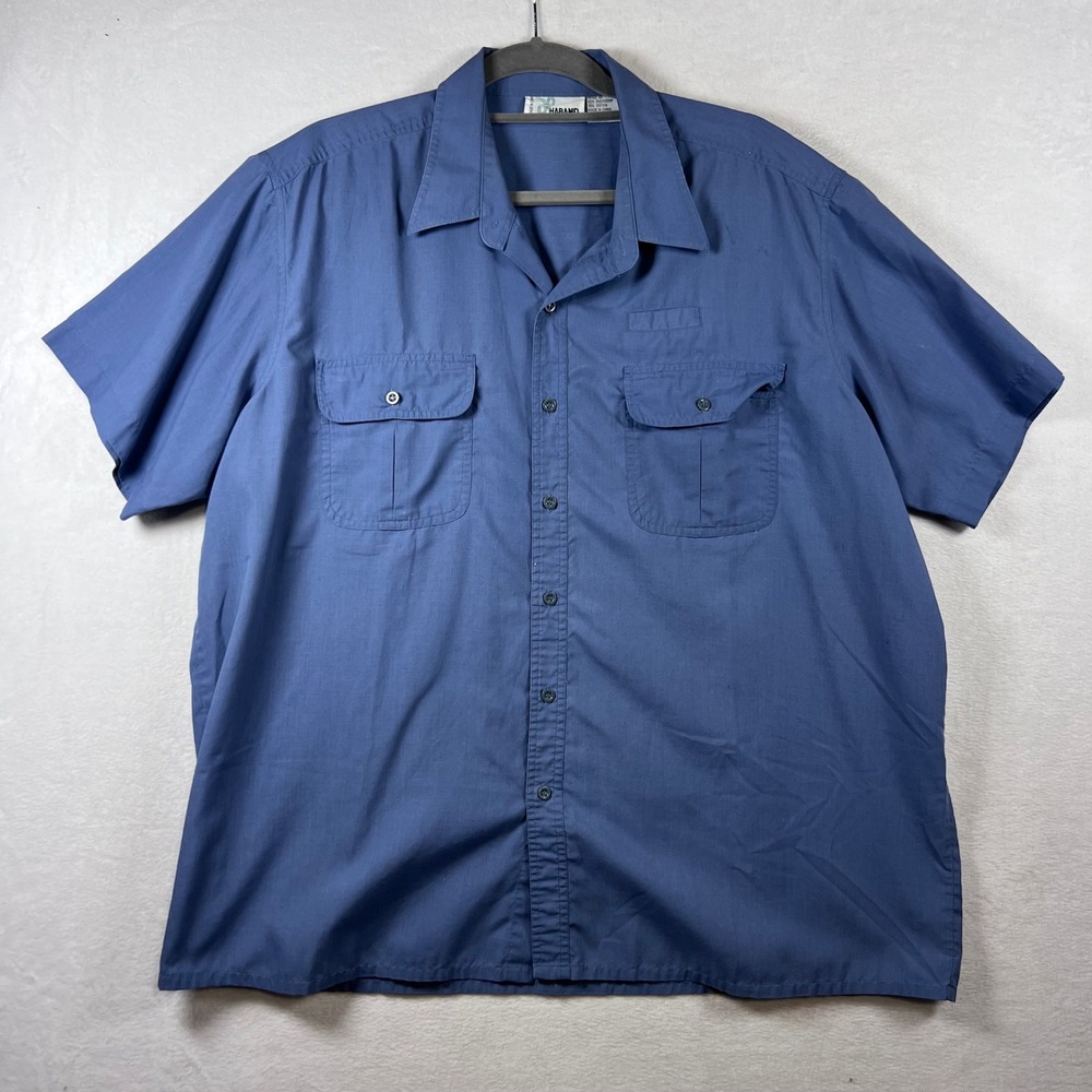 Vintage Haband Mens XL Blue Short Sleeve Button Down Utility Shirt Zip Pocket‎